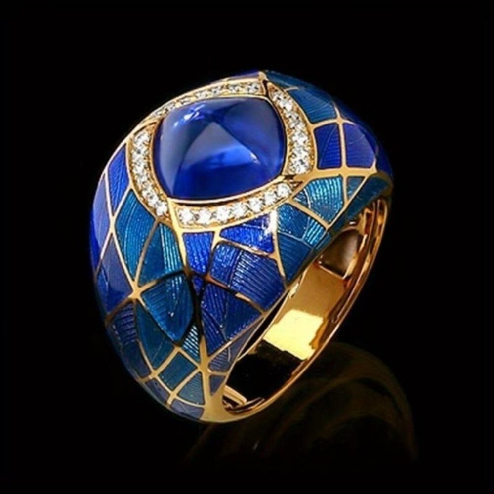DEEP BLUE PYRAMID SHAPED "GEM" ENAMELGOLDEN SZ. 7 RING 65